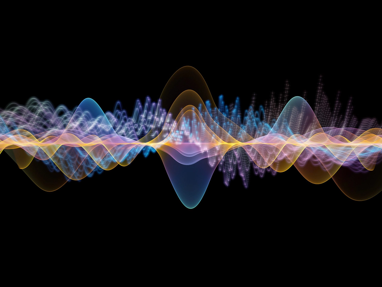 Abstract visualization of colorful sound waves overlapping on a black background, suggesting audio frequencies and vibration.