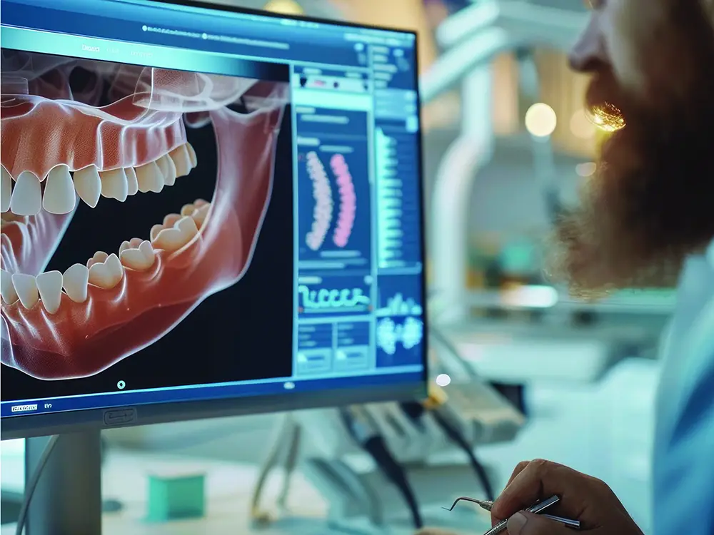 Dentist or technician views a 3D jaw and teeth model on a computer screen in a clinical setting